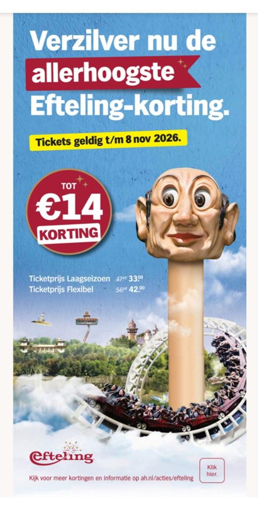 Digitale spaarkaart (14x) - AH actie - korting Efteling, Albert Heijn, Ophalen of Verzenden