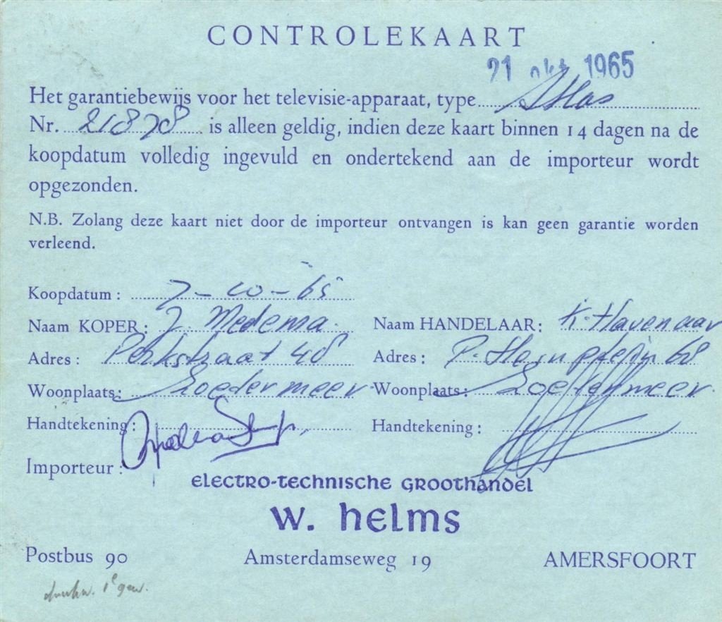 W. Helms, Amersfoort - 10.1965 - controlekaart, Ophalen of Verzenden, Briefkaart