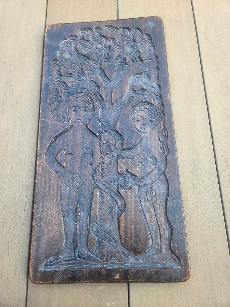 Houten reliëf Adam en Eva - Bijbelse kunst, Ophalen of Verzenden