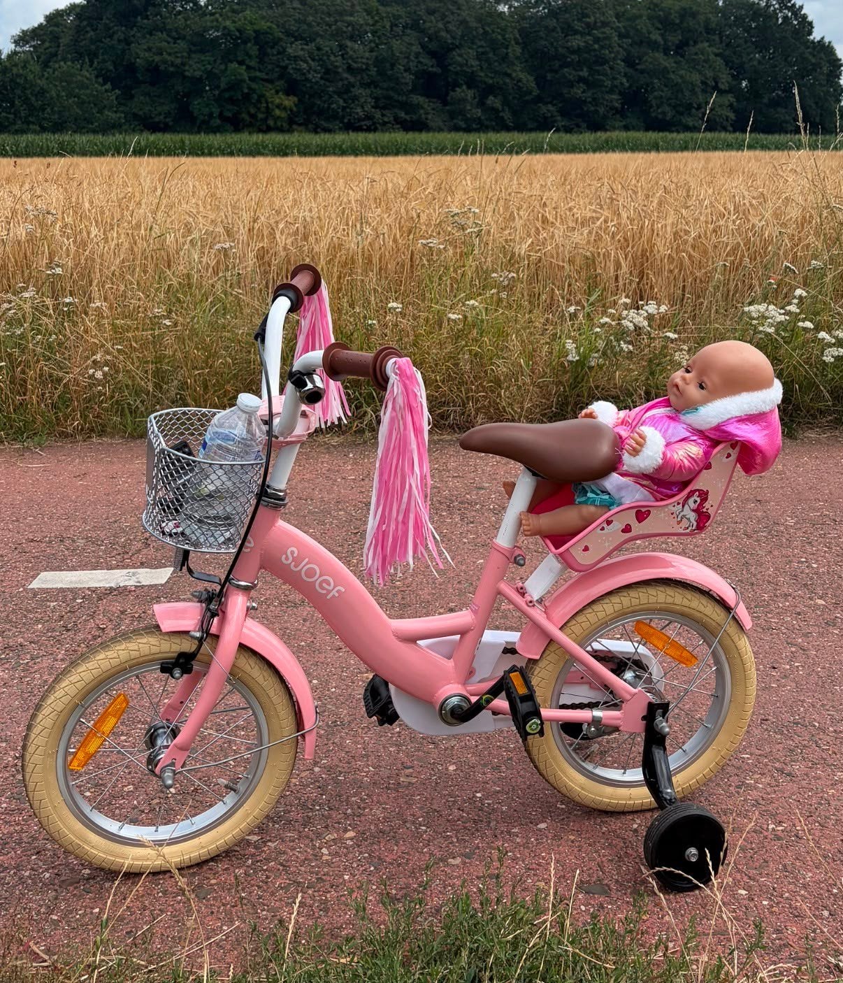 Roze kinderfiets Sjoef met zijwieltjes en poppenzitje, Ophalen, Zijwieltjes, Gebruikt, Velgrem