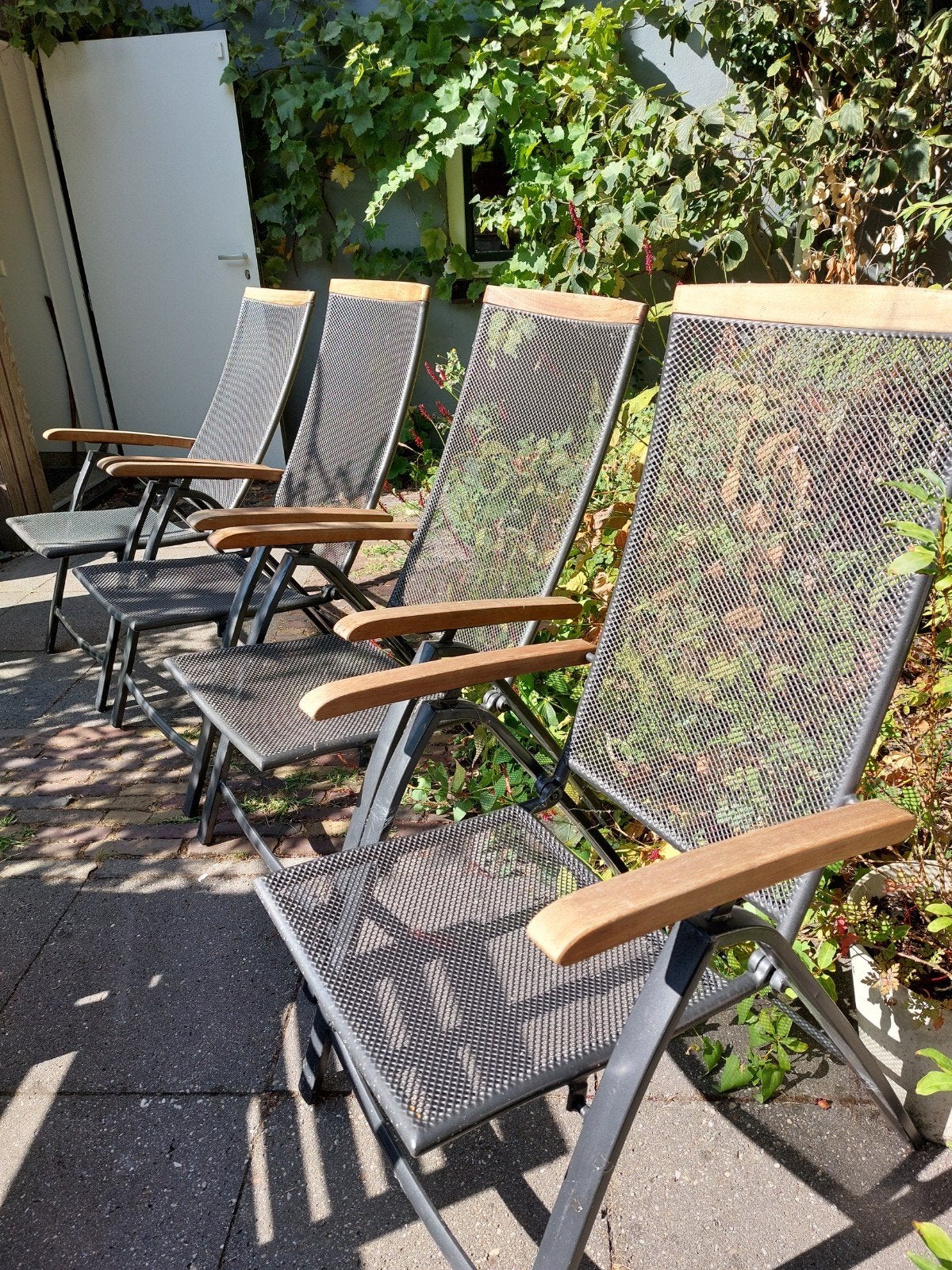5 inklapbare tuinstoelen van metaal en hout, Ophalen, Metaal, Verstelbaar