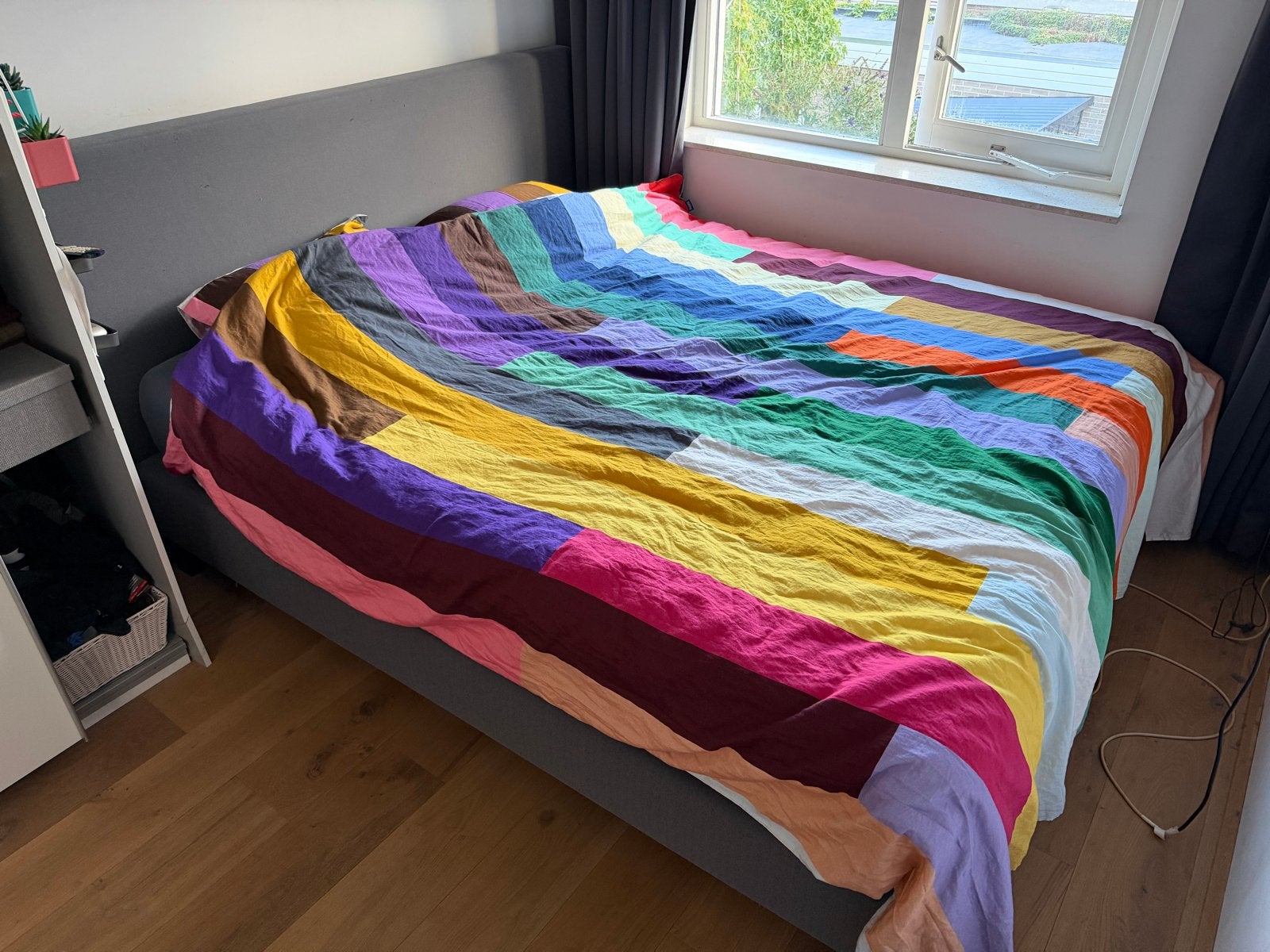Emma boxspring 180x210 met hoofdbord Grijs, Ophalen, Gebruikt, 210 cm, Tweepersoons