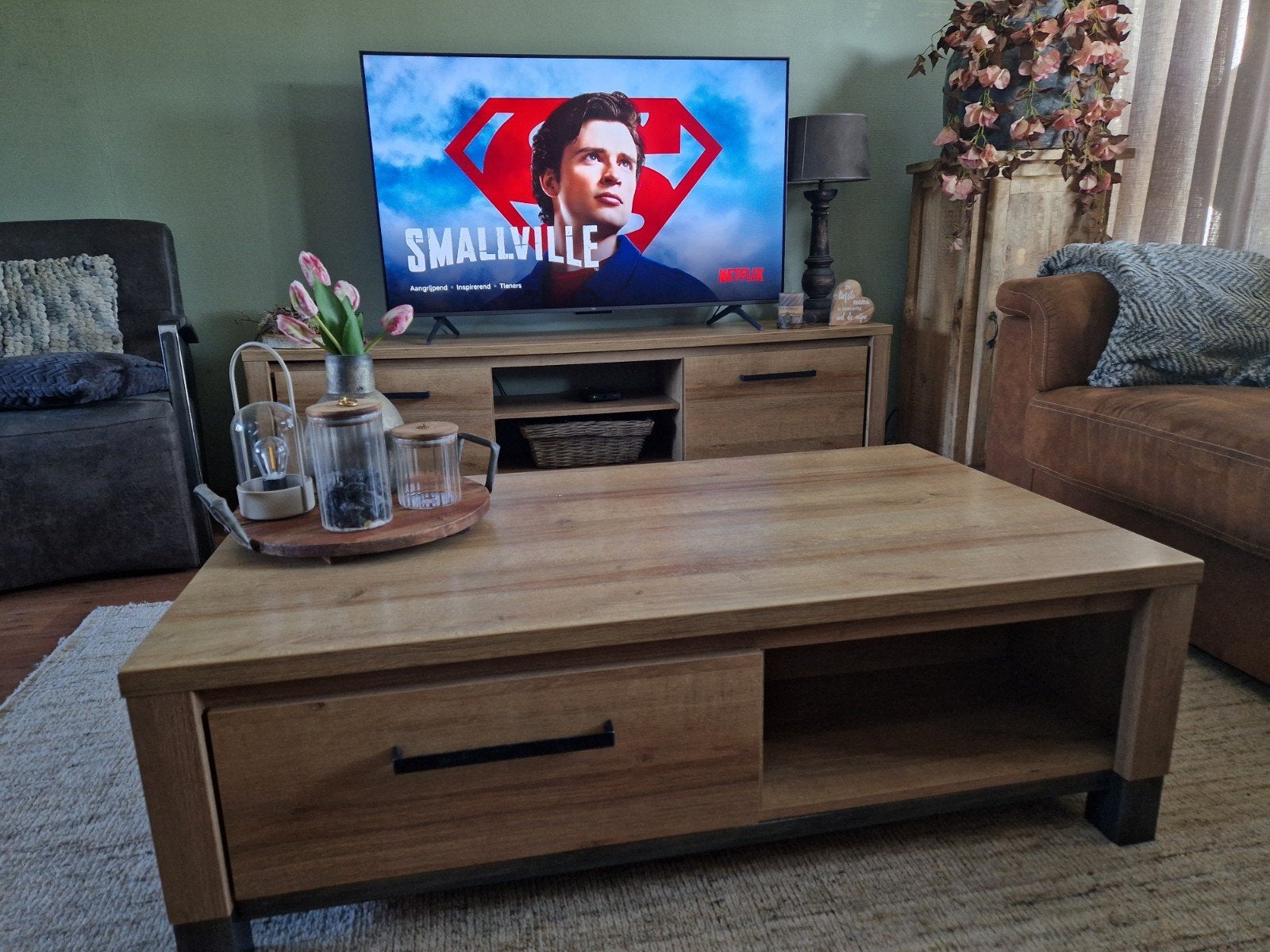 Robuuste salontafel met lade en opbergvak, Ophalen, Gebruikt, 100 tot 150 cm, 50 tot 100 cm