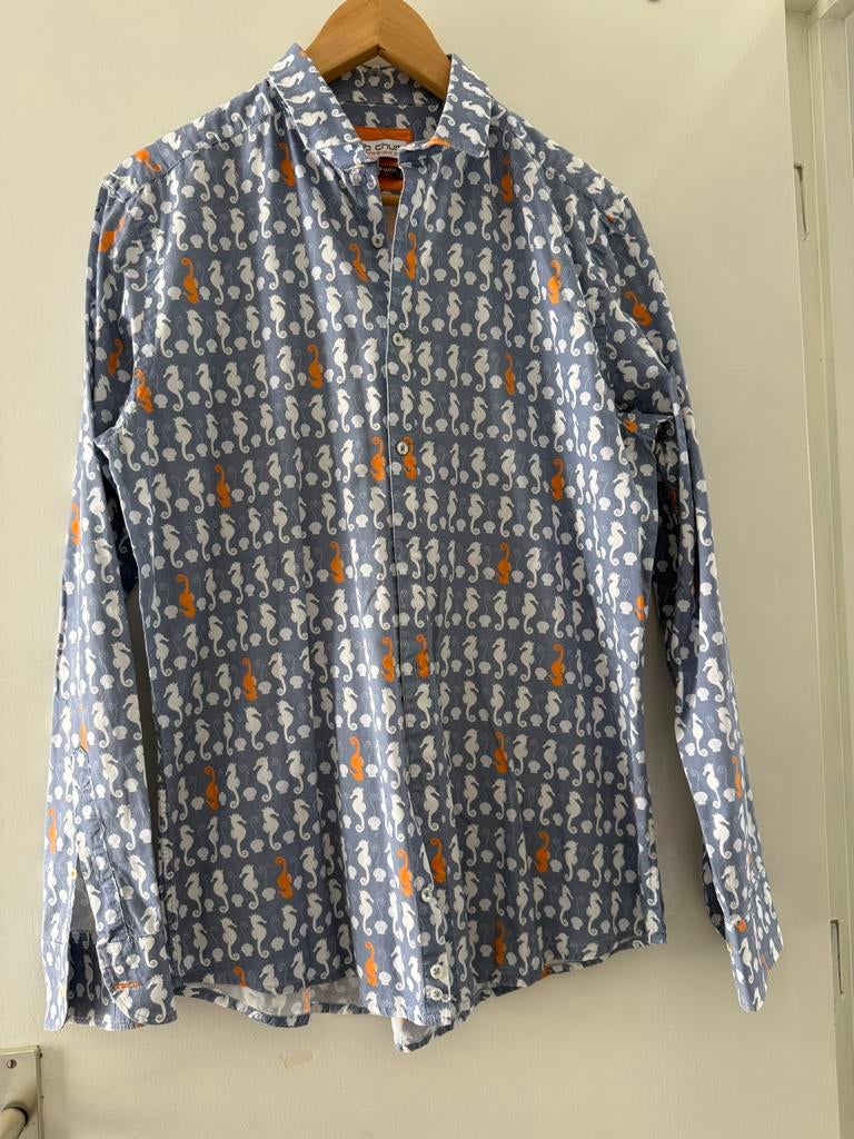 Bb chum overhemd met zeepaardjes print, nr. 102 van 149, Ophalen of Verzenden, Zo goed als nieuw, Blauw, Overige halswijdtes
