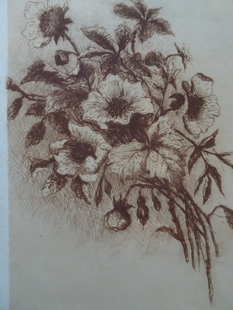 Ets Bloemstilleven met o.m. rozen, Louise Elsen 1880, 1800 - 1899, Ets, Ophalen of Verzenden, Origineel