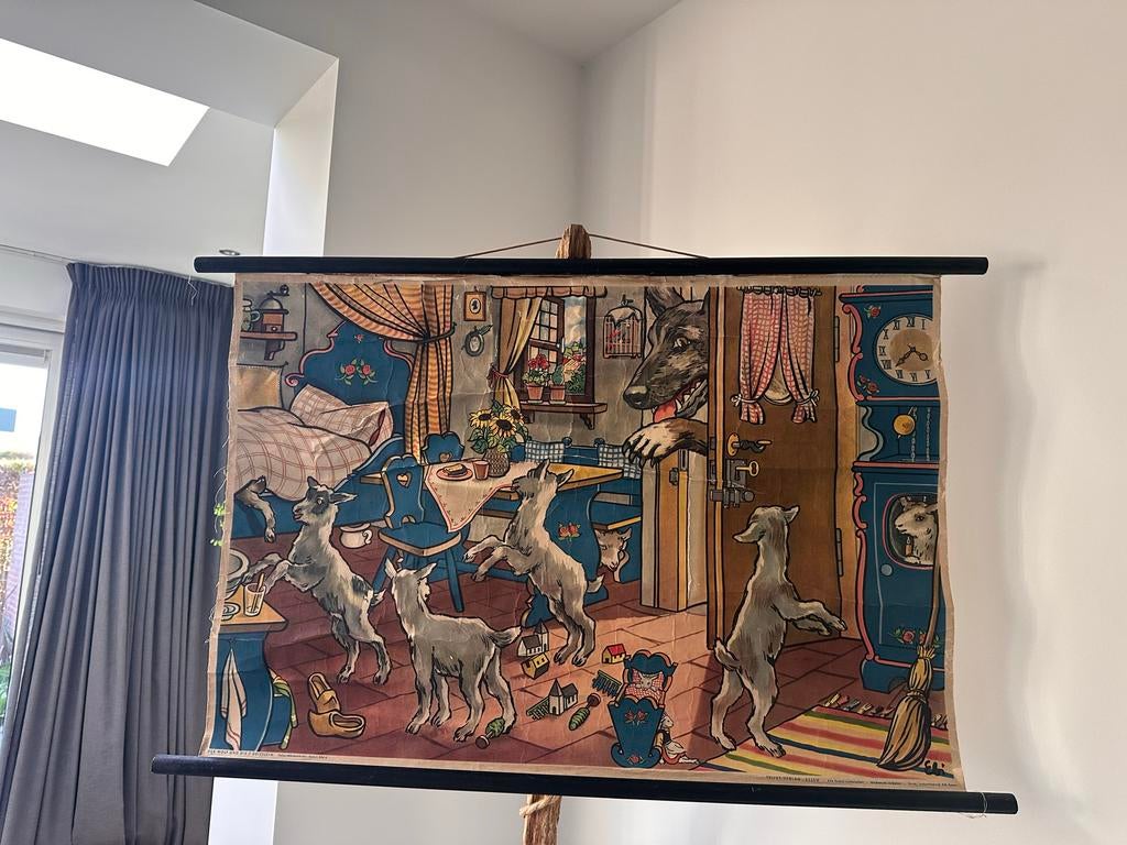 Oude schoolposter: De wolf en de zeven geitjes, Antiek en Kunst, Ophalen, Overige thema's