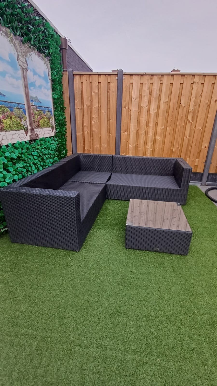 L-vormige Wicker Loungeset met Kussens en Salontafel, Ophalen, 5 zitplaatsen, Gebruikt, Bank
