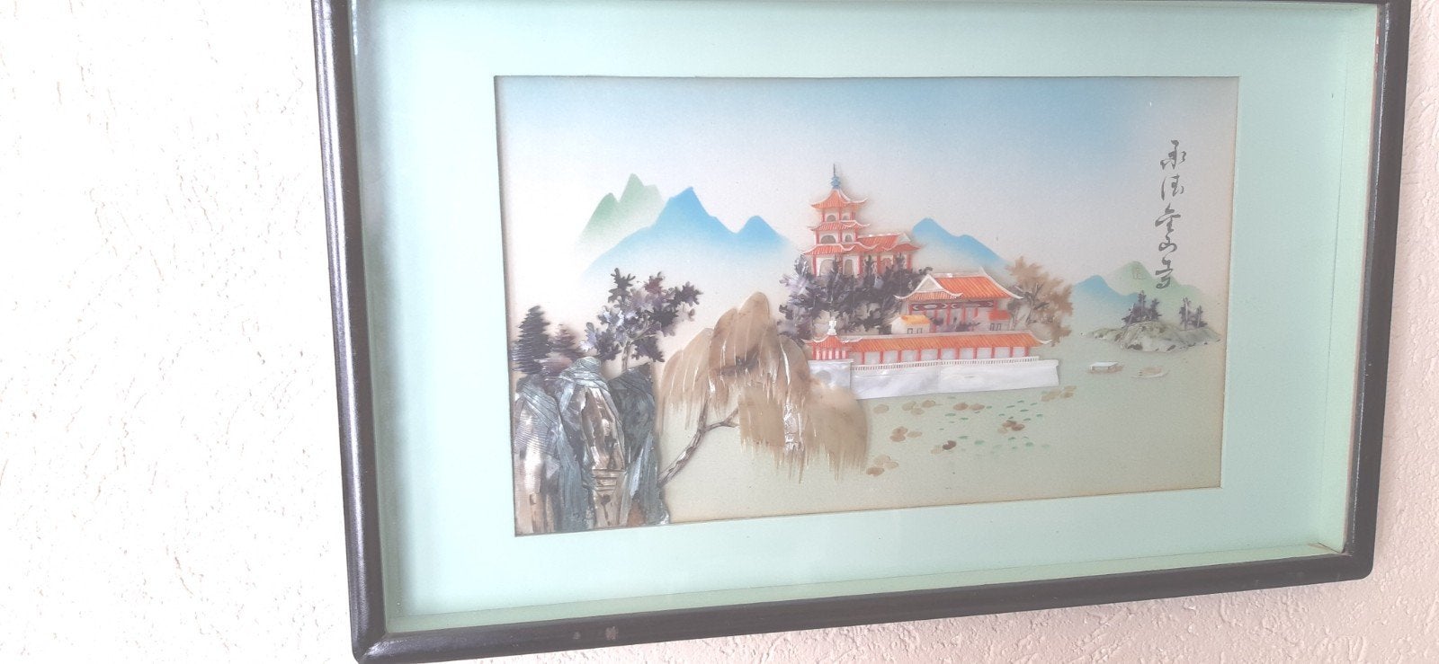 sereen chinees landschap voorstelling parelmoer en schelpjes, Minder dan 50 cm, Oorspronkelijke maker, Overige typen, Ophalen of Verzenden