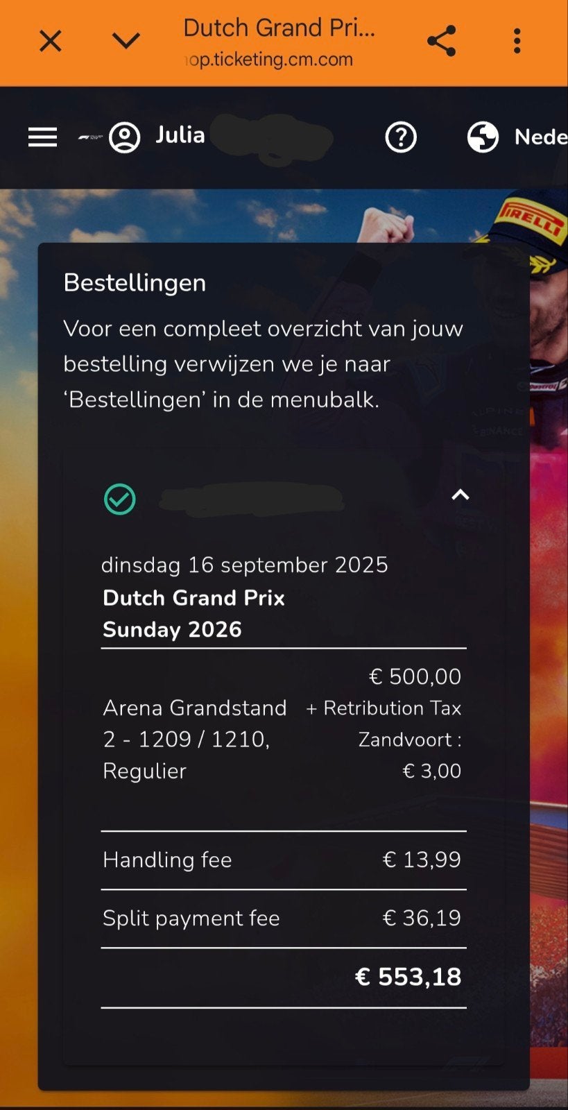 Dutch GP 2026 Zondag Ticket – Arena Grandstand – Origineel, Eén persoon, Augustus