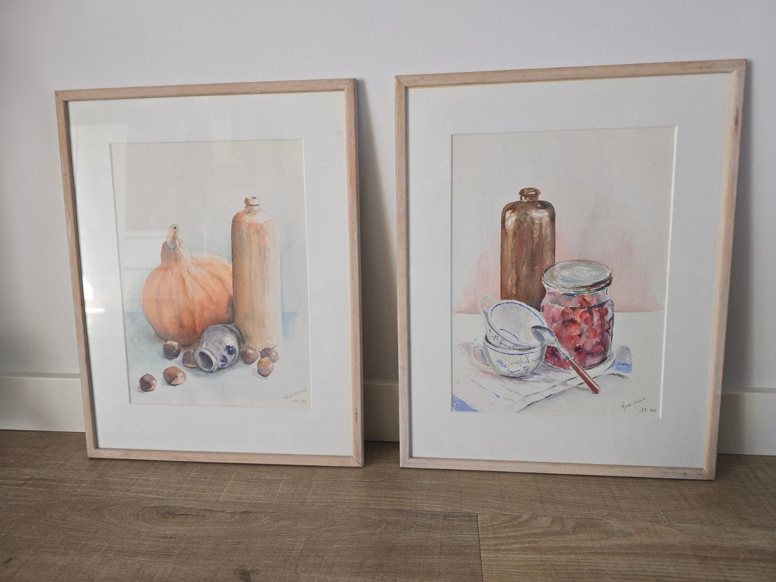 2 prachtige 90S stilleven aquarellen in lijst & passe partou, Antiek en Kunst, Ophalen of Verzenden, Stilleven