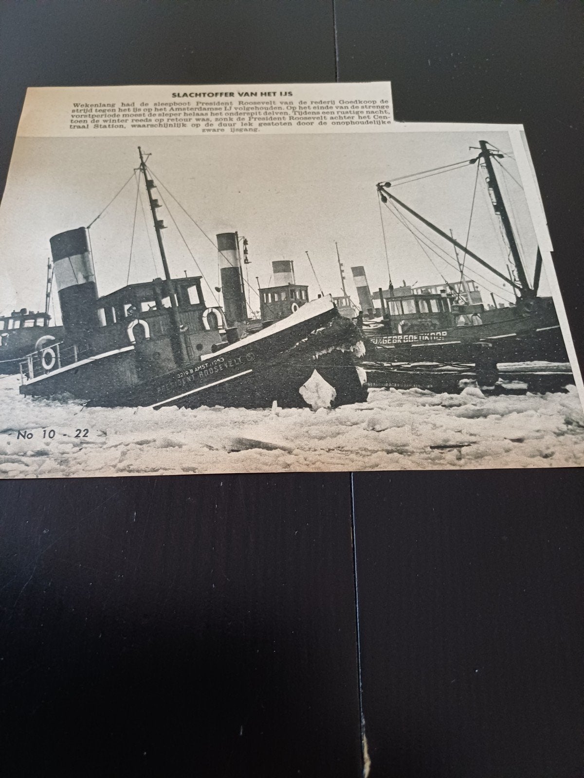 knipsel sleepboot President Roosevelt 1956, Verzamelen, Ophalen of Verzenden, Gebruikt, Kaart, Foto of Prent
