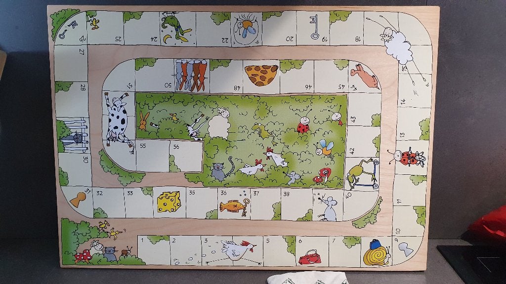 JanBibeJan Beestenboel, houten bordspel Ganzenbord. 8A10, Tweedehands verkoop, Tweedehands verkoop, Gebruikt, Ophalen of Verzenden