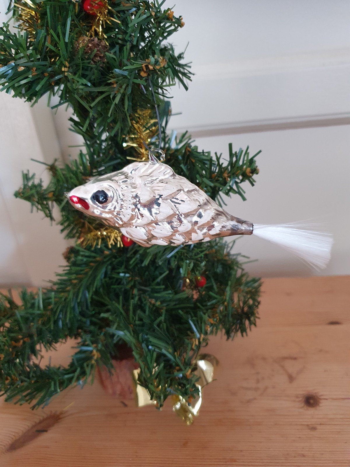 Zilverkleurige glazen kerstbal vis met staart oude antieke, Diversen, Kerst, Ophalen of Verzenden, Gebruikt