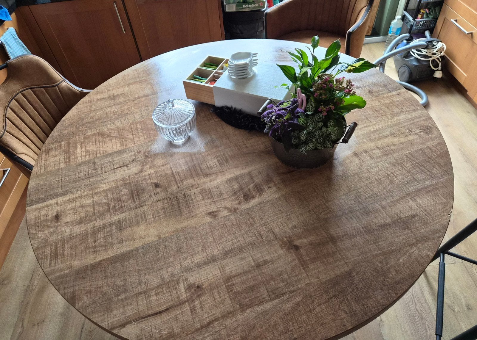 Ronde houten eettafel - 130 cm diameter, 90 cm h, Huis en Inrichting, Gebruikt, Rond, Ophalen, Overige houtsoorten
