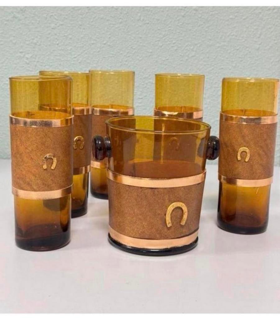 Antiek 1950 5 wisky glazen + ijsemmer amber leder hoefijzer, Ophalen of Verzenden, Zo goed als nieuw, H, H
