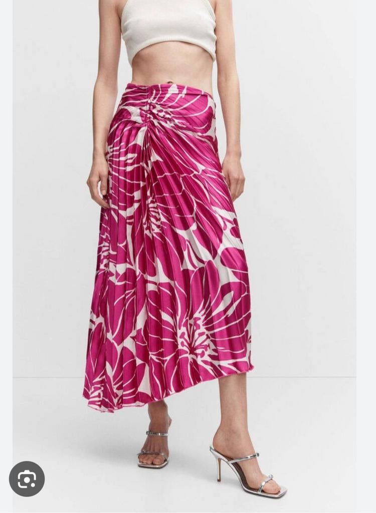MNG Mango Roze satijnen  Plissé Rok met Bladprint - Maat M, Ophalen of Verzenden