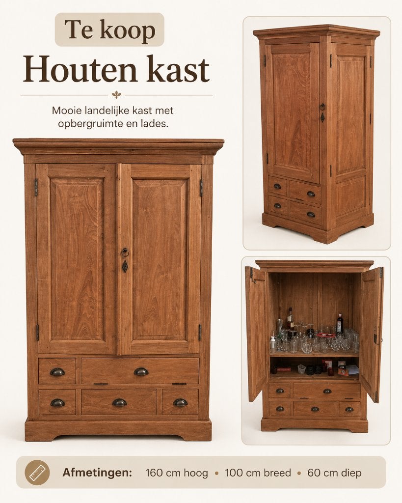 Mooie landelijke houten kast met veel opbergruimte, Ophalen, Gebruikt, 100 tot 150 cm, Teakhout