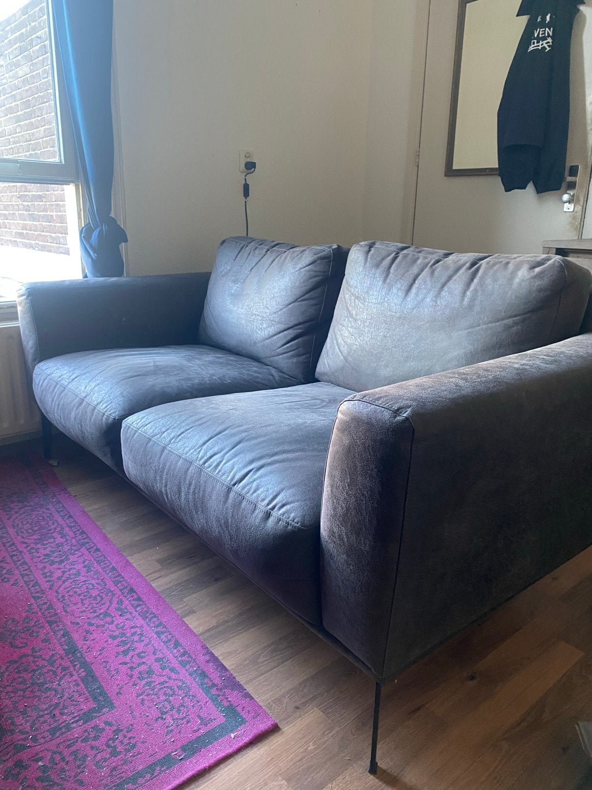 Comfortabele 3-zitsbank, donkergrijs stof/suede, Ophalen, Gebruikt, 150 tot 200 cm, Driepersoons