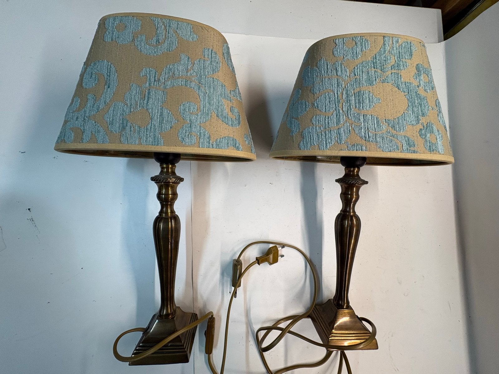 Set van 2 vintage tafellampen met stoffen kap, Ophalen of Verzenden
