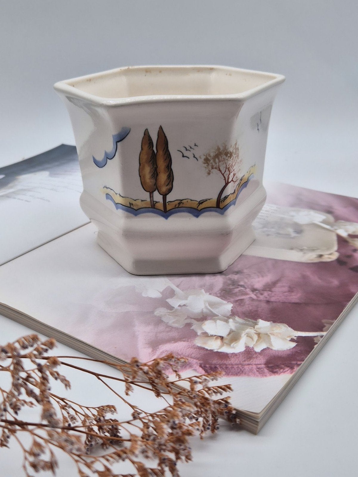 Antieke Zeshoekige Keramische Bloempot met Landschap, Antiek en Kunst, Ophalen of Verzenden