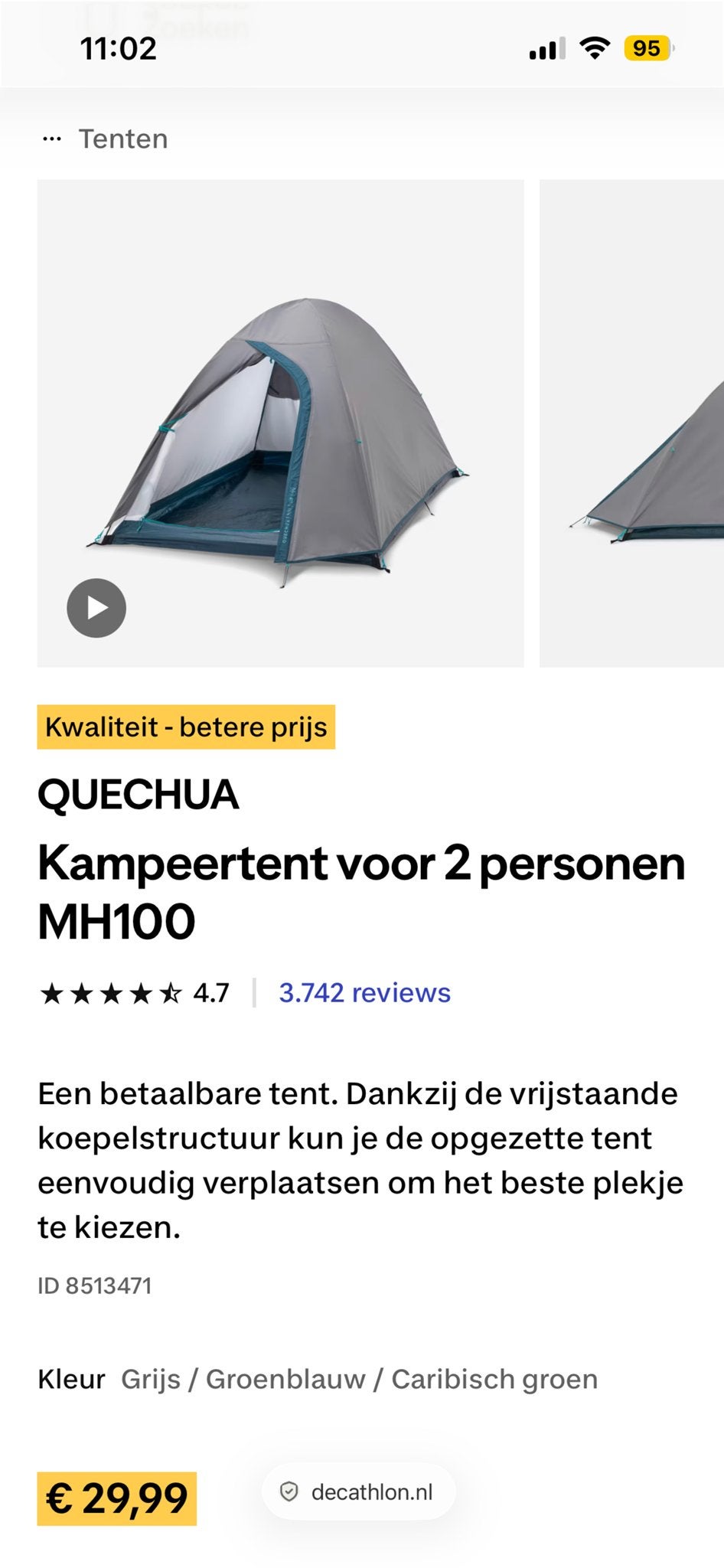 Quechua Kampeertent MH100 voor 2 personen - Groen/Blauw, Ophalen, Zo goed als nieuw, Tot en met 2