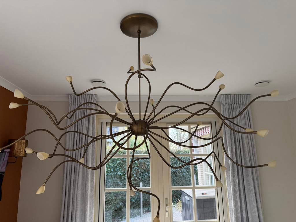 Koperkleurige spinlamp 1,80 breed met glazen lampjes, Huis en Inrichting, Lampen | Hanglampen, Ophalen of Verzenden, Gebruikt