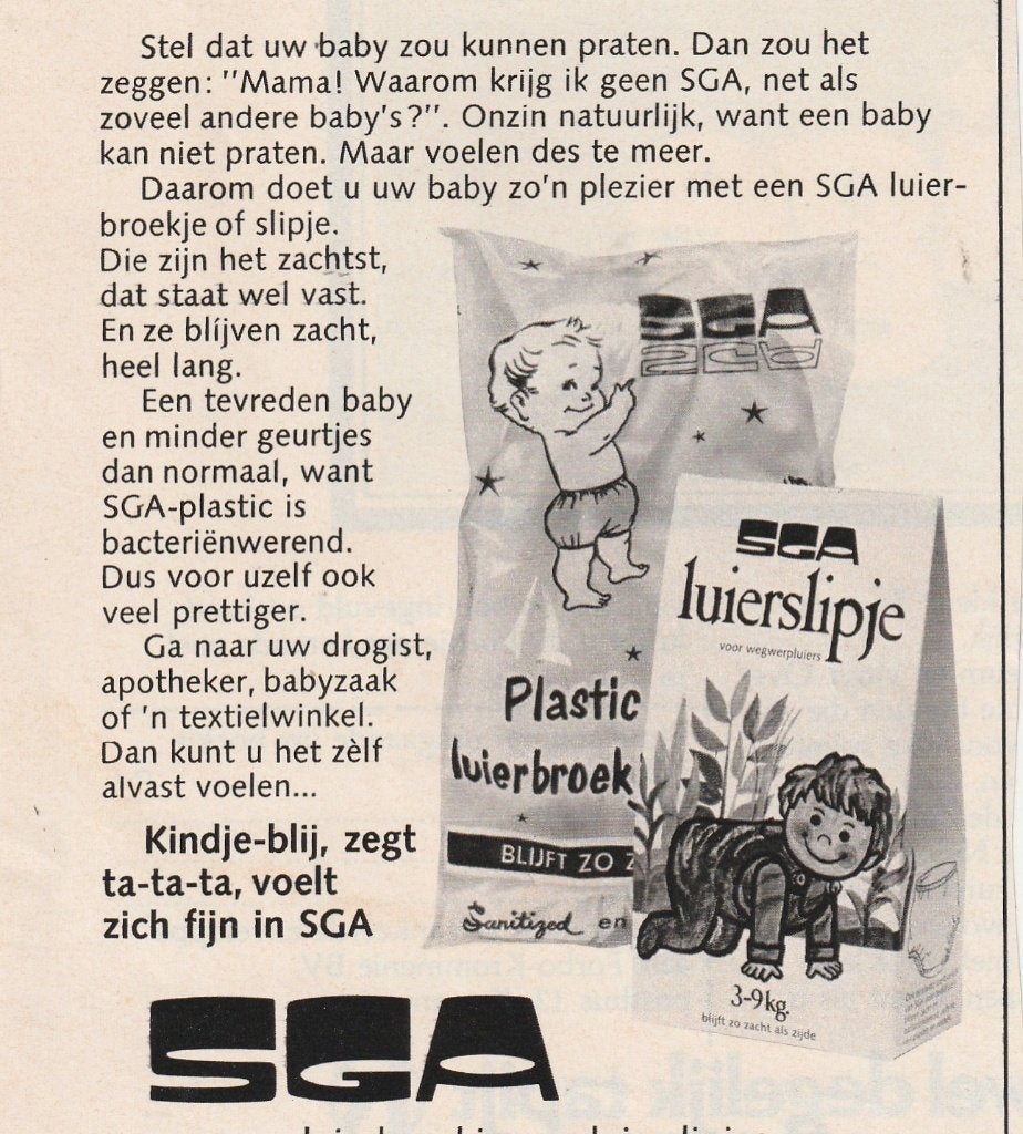 retro reclame 1977 SGA baby luiers plastic luierbroekje, Verzenden, Overige typen