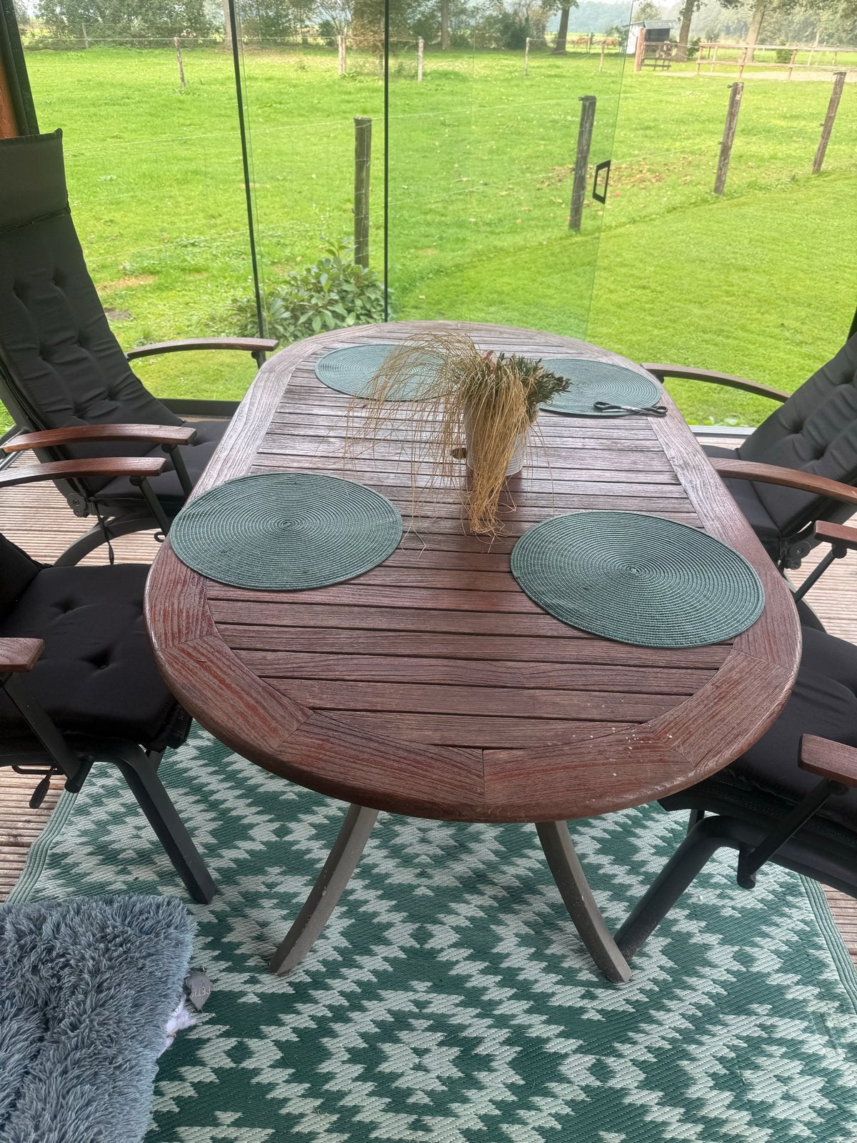 Hartmann tuinset met ovale tafel en verstelbare stoelen, Tuin en Terras, Ophalen, Gebruikt, Hout, Verstelbaar