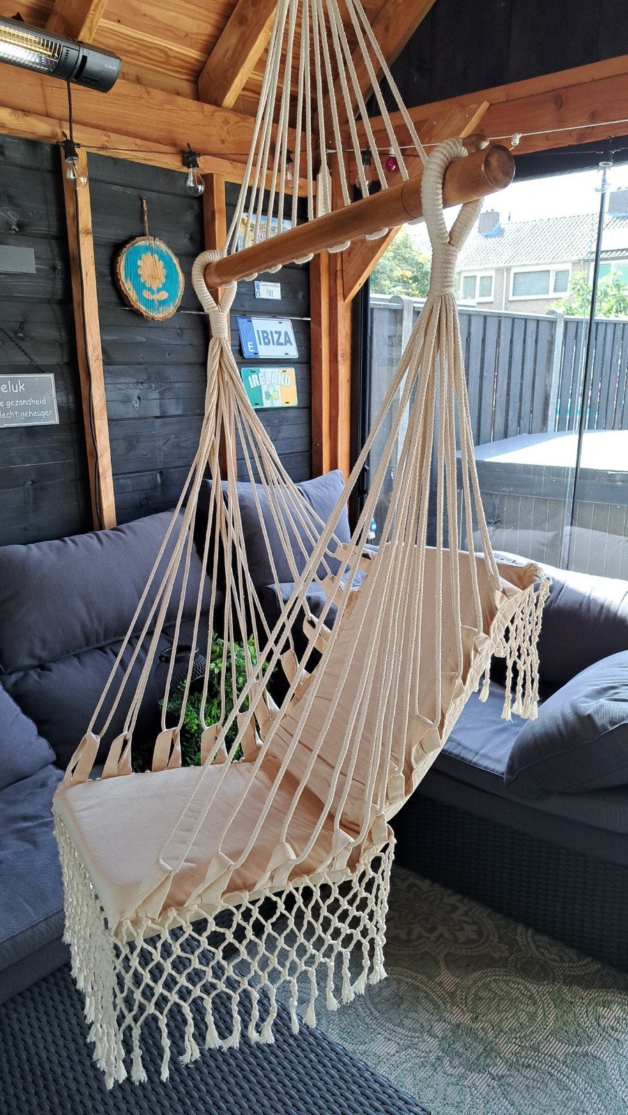 Ibiza Hangstoel Ecru met Ophanghaak en Geknoopte Details, Ophalen, Binnen