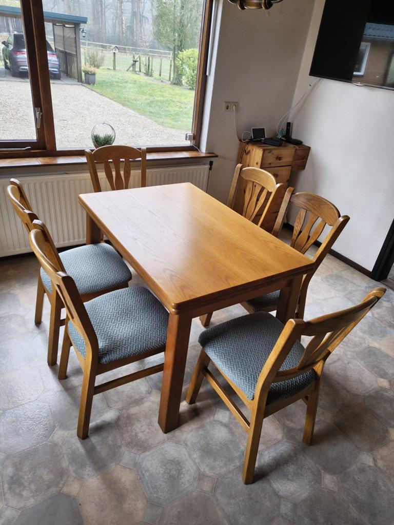 Degelijke massief grenen eethoek met 6 stoelen, Huis en Inrichting, Complete eetkamers, Ophalen of Verzenden, 4 tot 6 stoelen