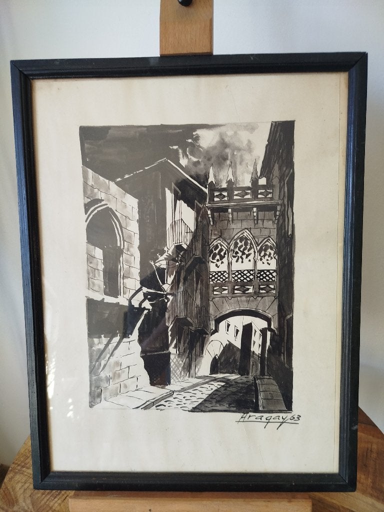 Pentekening Chinese inkt in kader J.Aragay– Ponte del bisbe, Antiek en Kunst, Ophalen of Verzenden