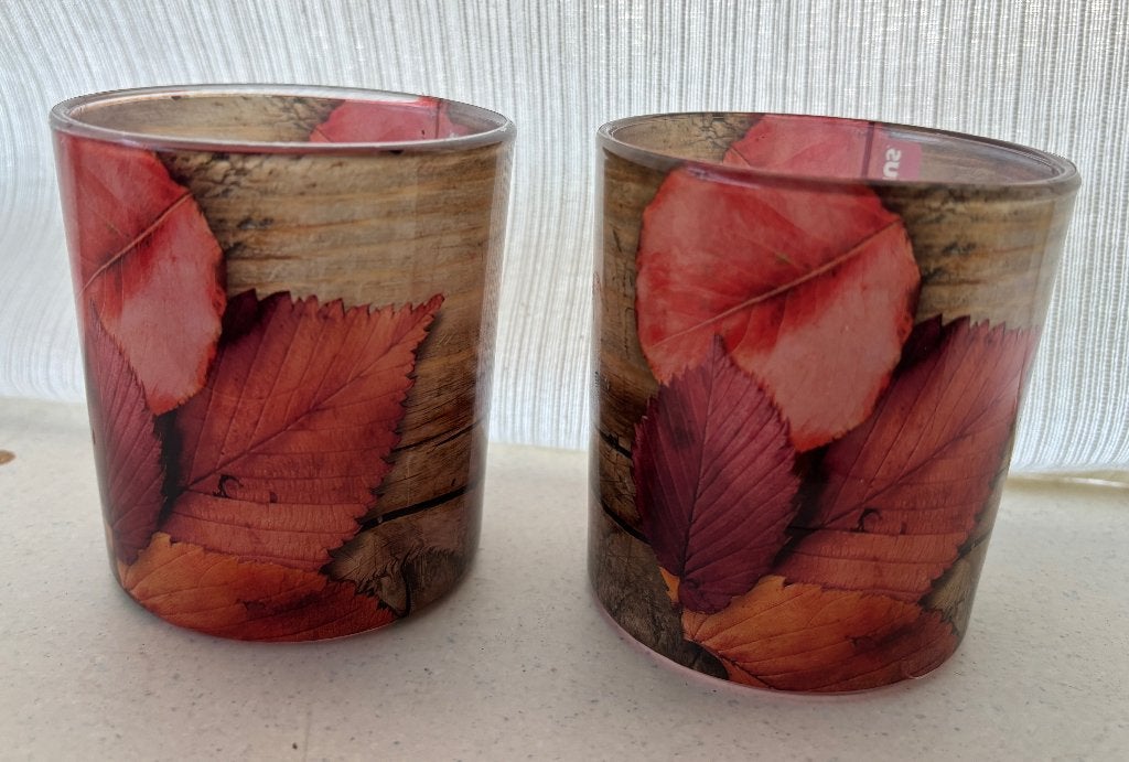 Waxinelicht glaasjes herfst afbeelding, Ophalen, Gebruikt, Overige merken, Glas