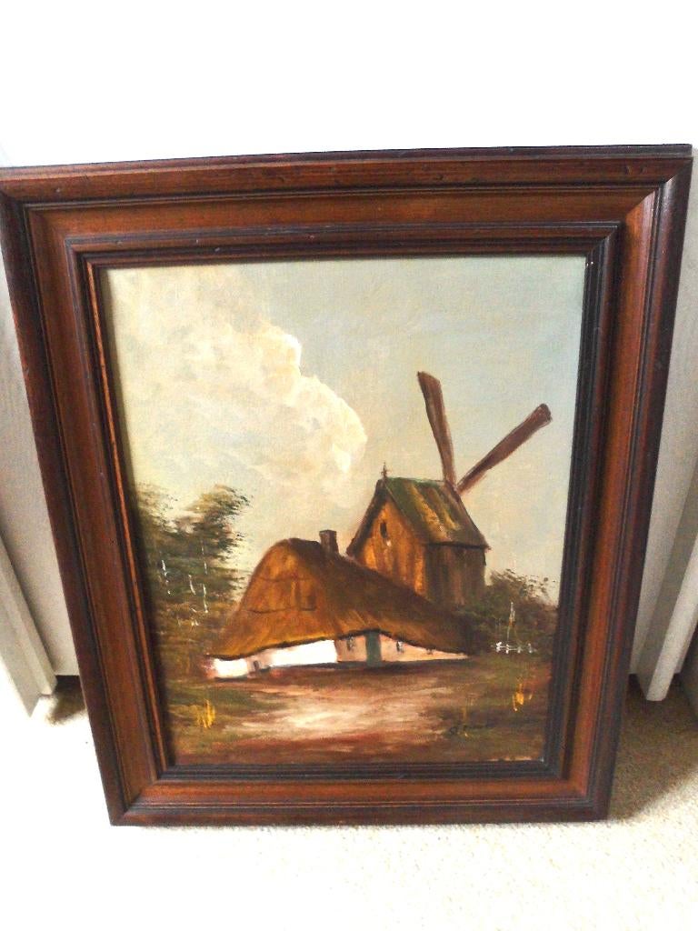 Olieverfschilderij "Boerderij met molen op platteland', Antiek en Kunst, Kunst | Schilderijen | Klassiek, Ophalen
