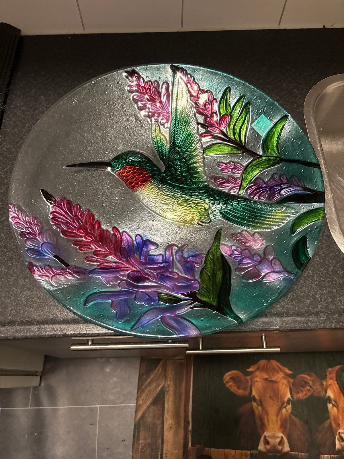 Decoratieve glazen schaal met kolibrie en bloemen, Ophalen