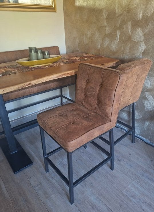 Luxe barkrukken en eetbank - Cognac leder, zo goed als nieuw, Ophalen, 60 tot 90 cm, Zo goed als nieuw, Leer