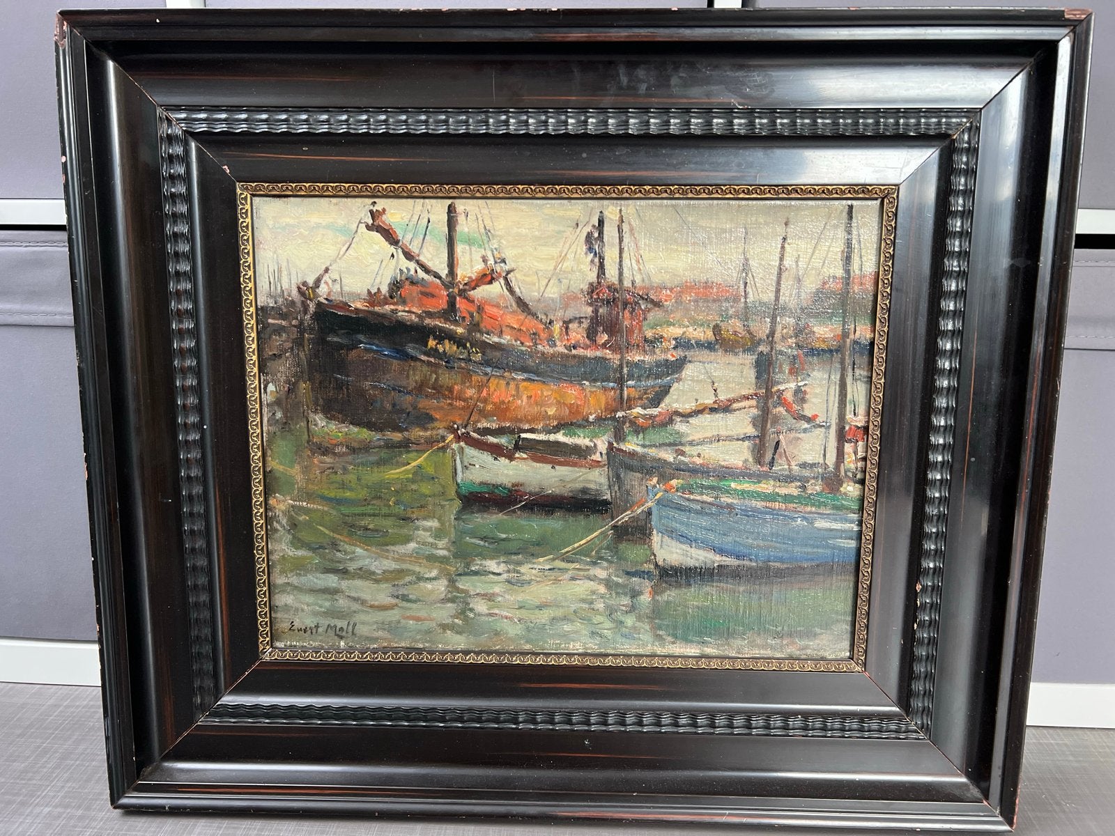 Prachtig olieverfschilderij van Evert Moll - Havenzicht, Ophalen of Verzenden