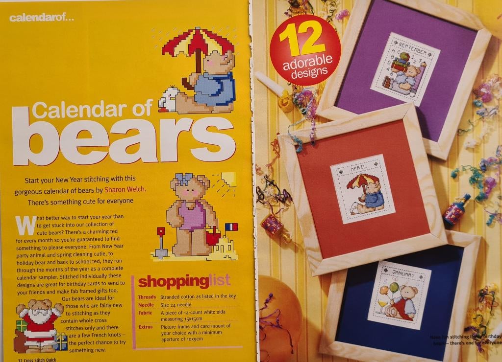 12 maanden Teddy beer kalender borduurpatronen, Hobby en Vrije tijd, Borduren en Borduurmachines, Nieuw, Patroon, Handborduren