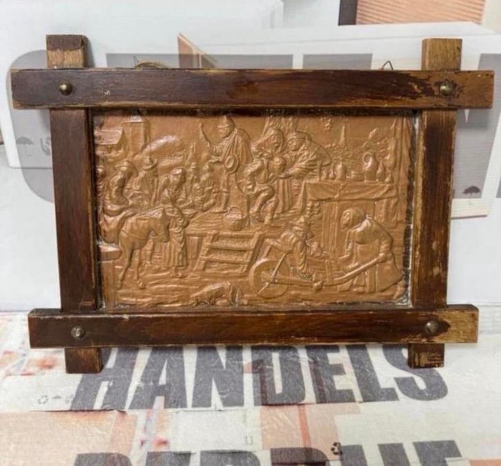 Antiek 1920-1930 ingelijst koperen reliëf kunst boerderij, Ophalen of Verzenden