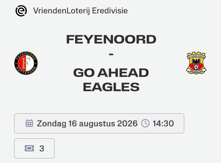 TE KOOP | 3x | tickets | kaarten | Feyenoord-Go Ahead Eagles, Tickets en Kaartjes, Losse kaart, Drie personen of meer, Augustus