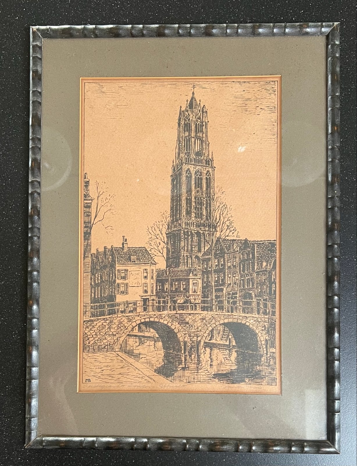 Vintage ets Domtoren Utrecht, gesigneerd, Ets, Stadsgezicht, Ophalen of Verzenden, Gesigneerd