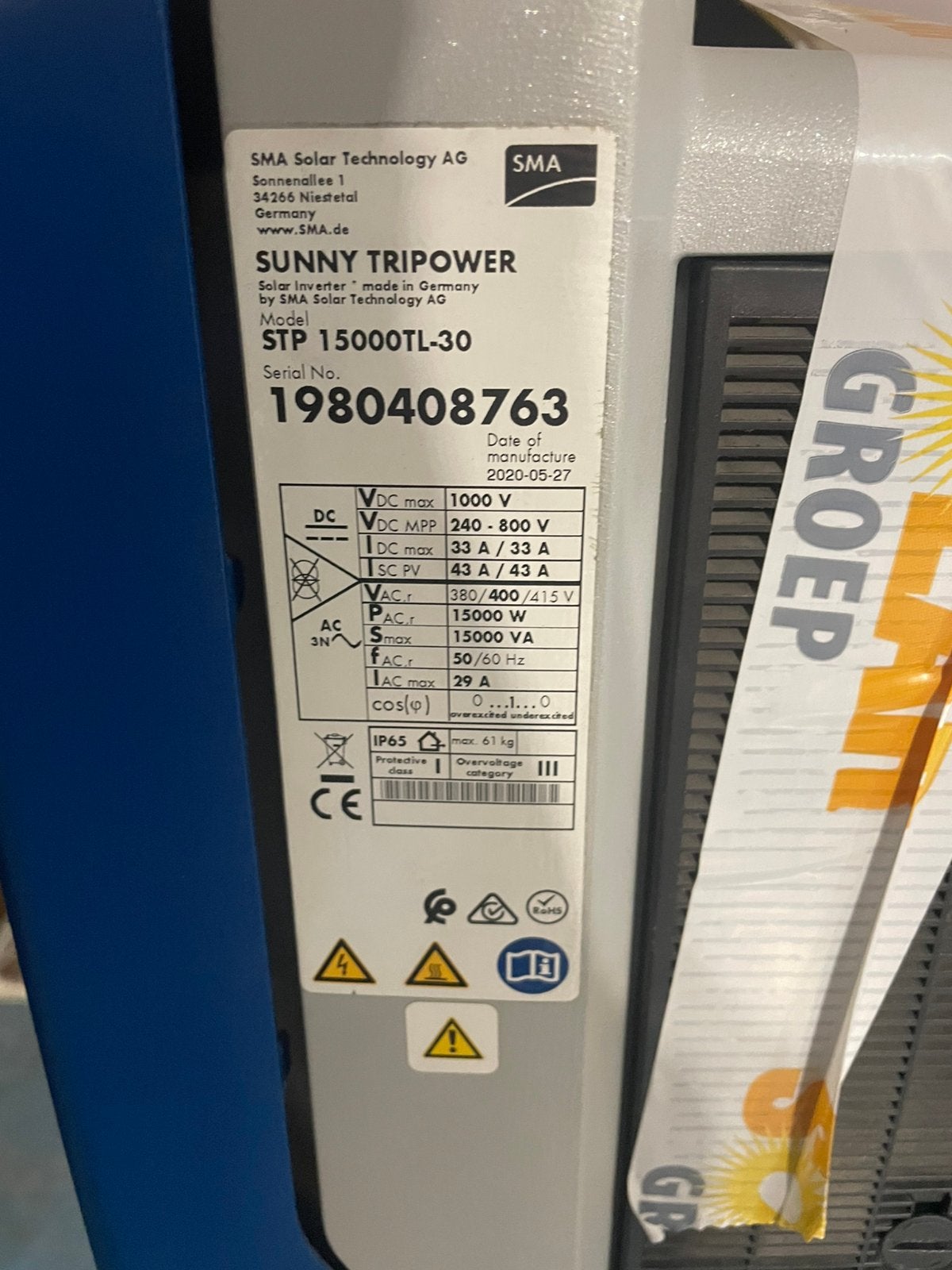 SMA Sunny Tripower 15000 omvormer - 8 jaar oud, Doe-het-zelf en Verbouw, Zonnepanelen en Toebehoren, Ophalen, Gebruikt, Overige typen