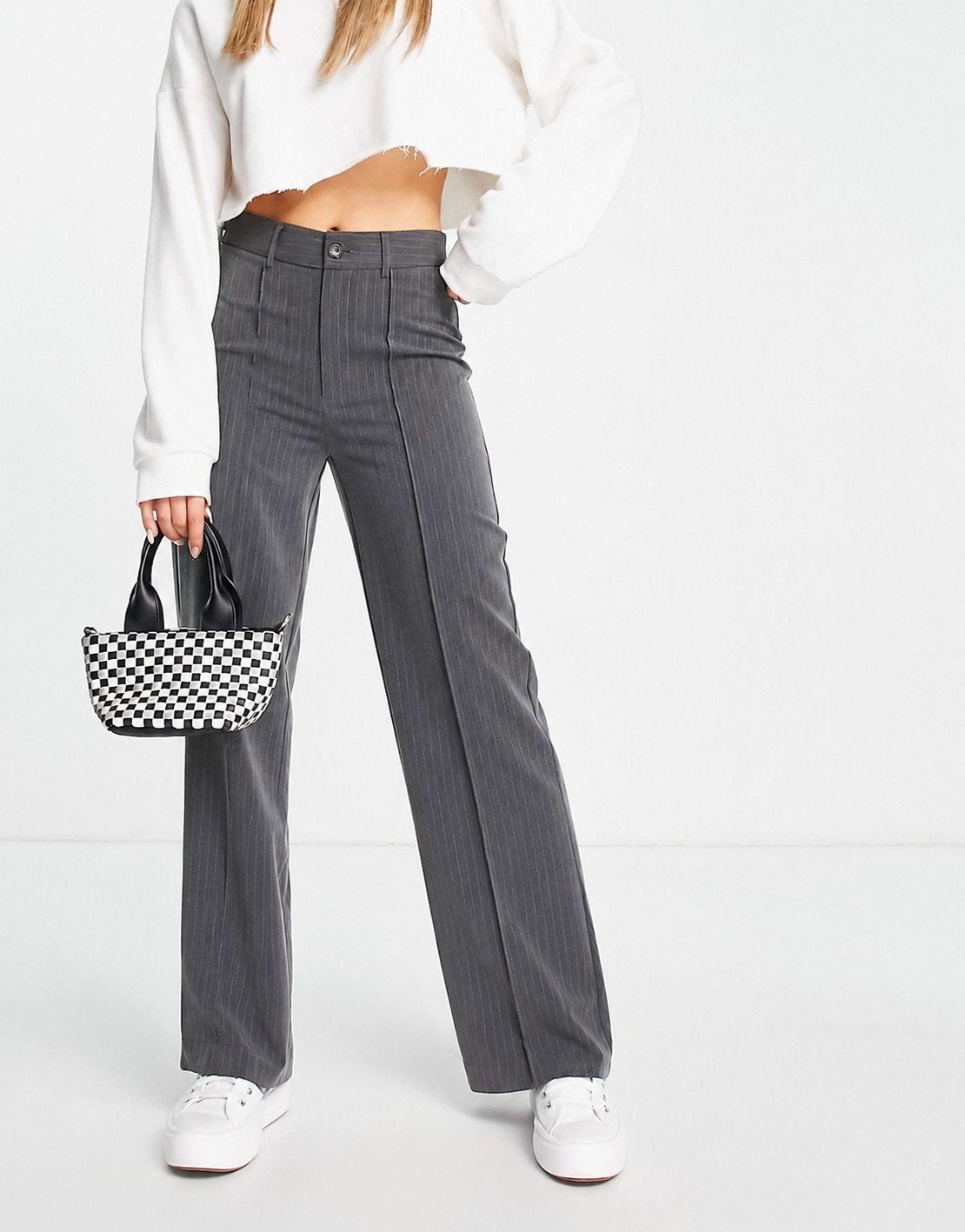 Stradivarius Grijze Pinstripe Broek - Maat S, STR, Ophalen of Verzenden, Zo goed als nieuw, Maat 36 (S)