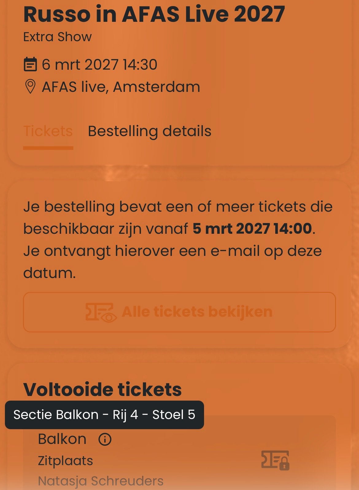 1 ticket Russo Afas Live, Eén persoon, Maart