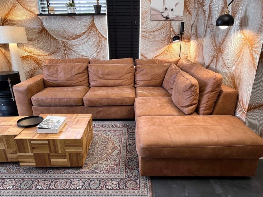 Hoekbank Braga Henders & Hazel - Microleder Cognac, Huis en Inrichting, Banken | Bankstellen, Ophalen, Gebruikt, 100 tot 125 cm