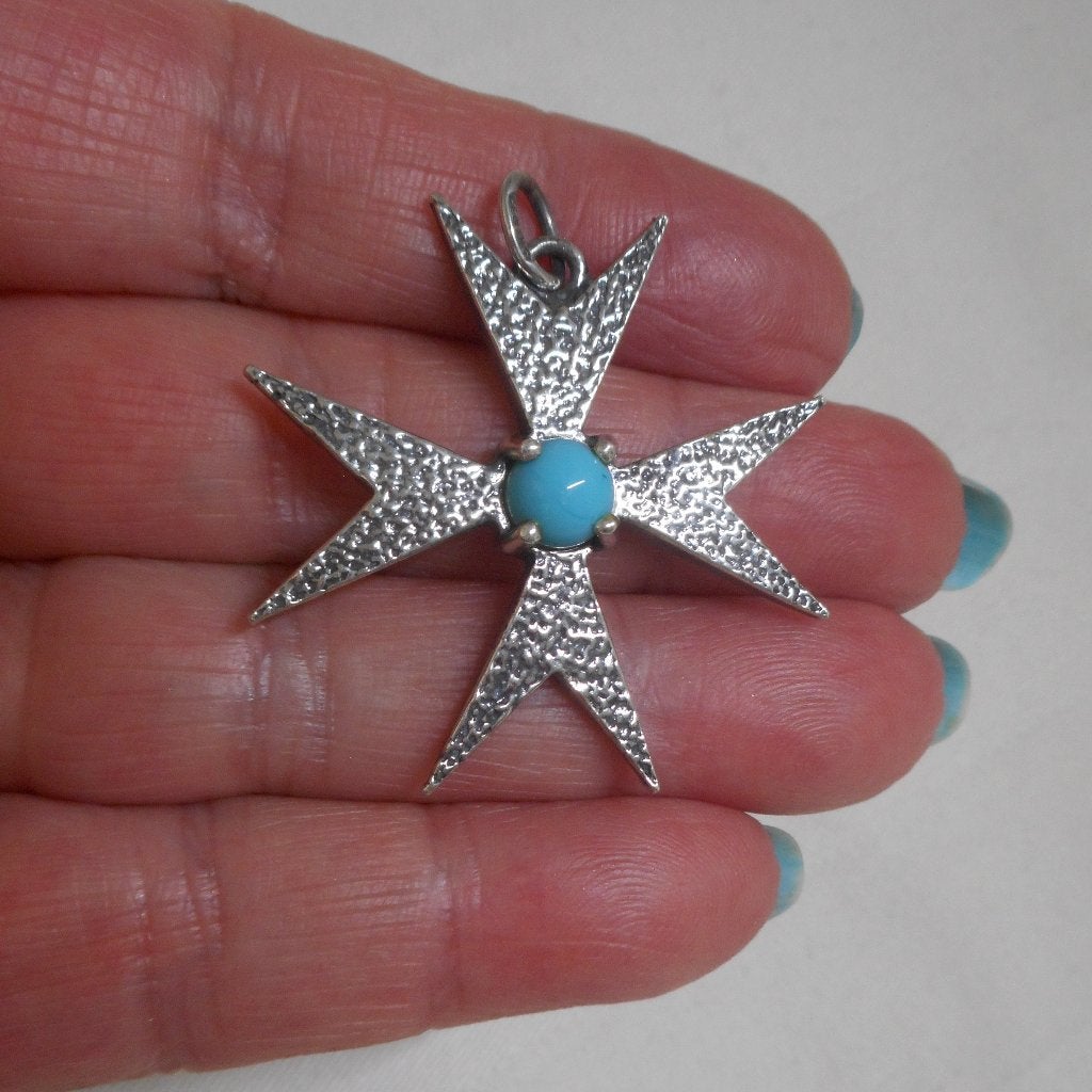 Zilveren vintage Maltezer kruis hanger met turquoise nr.918, Verzenden, Zo goed als nieuw, Kruis of Symbool, Zilver