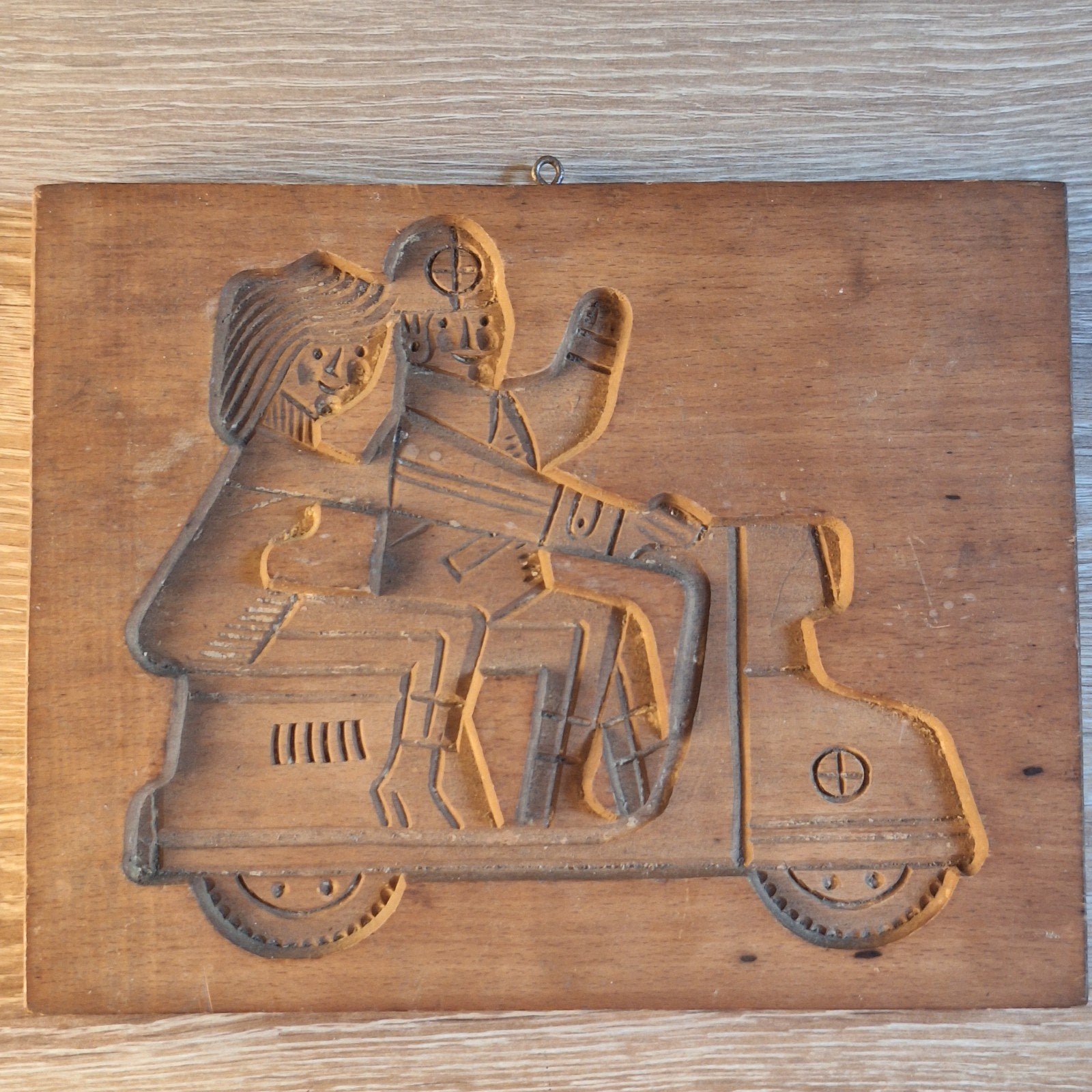 Vintage koekplank speculaas plank scooter man vrouw, Ophalen of Verzenden