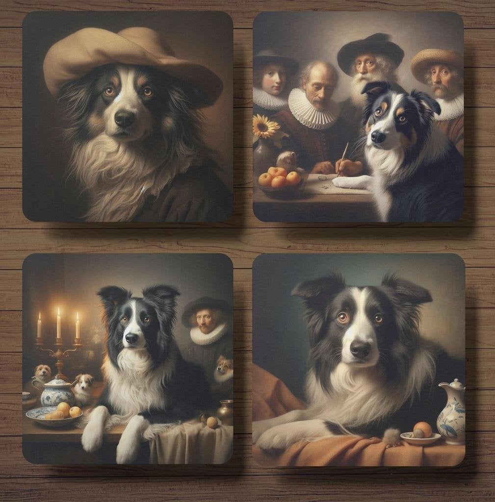 Border Collie Rembrandt stijl onderzetters met houder, Ophalen of Verzenden, Nieuw