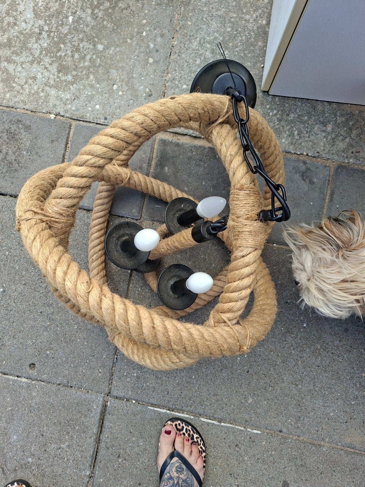 Set van 2 touwlampen: Kroonluchter en ronde lamp, Ophalen, Gebruikt, E14 (klein), Rustiek, Landelijk, Industrieel