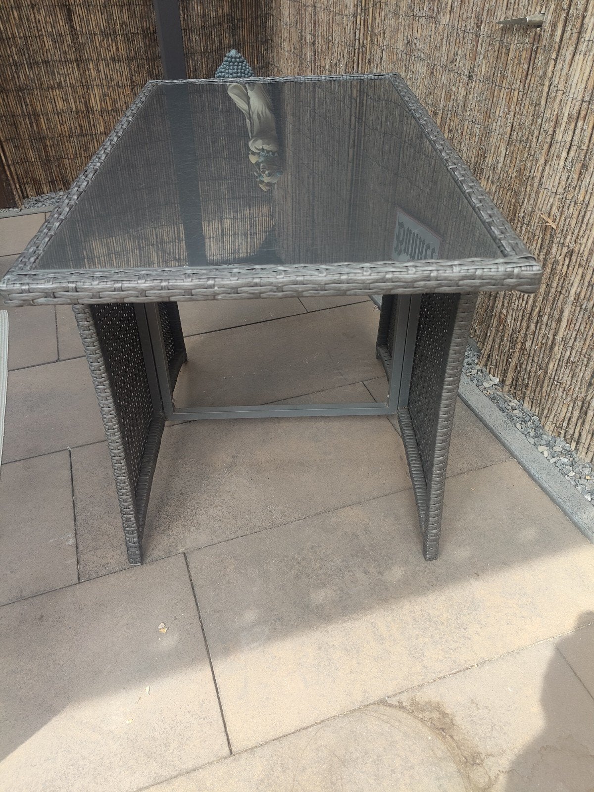 Wicker bartafel met glazen blad - grijs, Ophalen, Gebruikt, Rechthoekig, Wicker