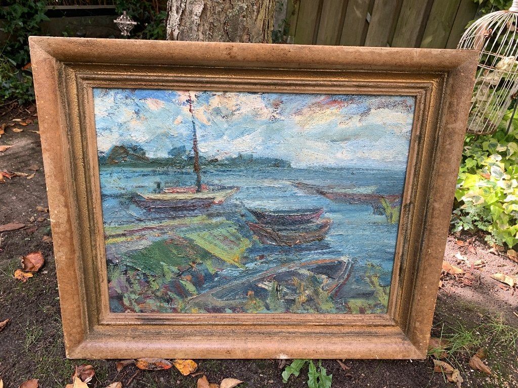 Vintage olieverf schilderij haven Tsjechoslowakije Dielo, Ophalen of Verzenden, Hout, Olieverf, Landschap